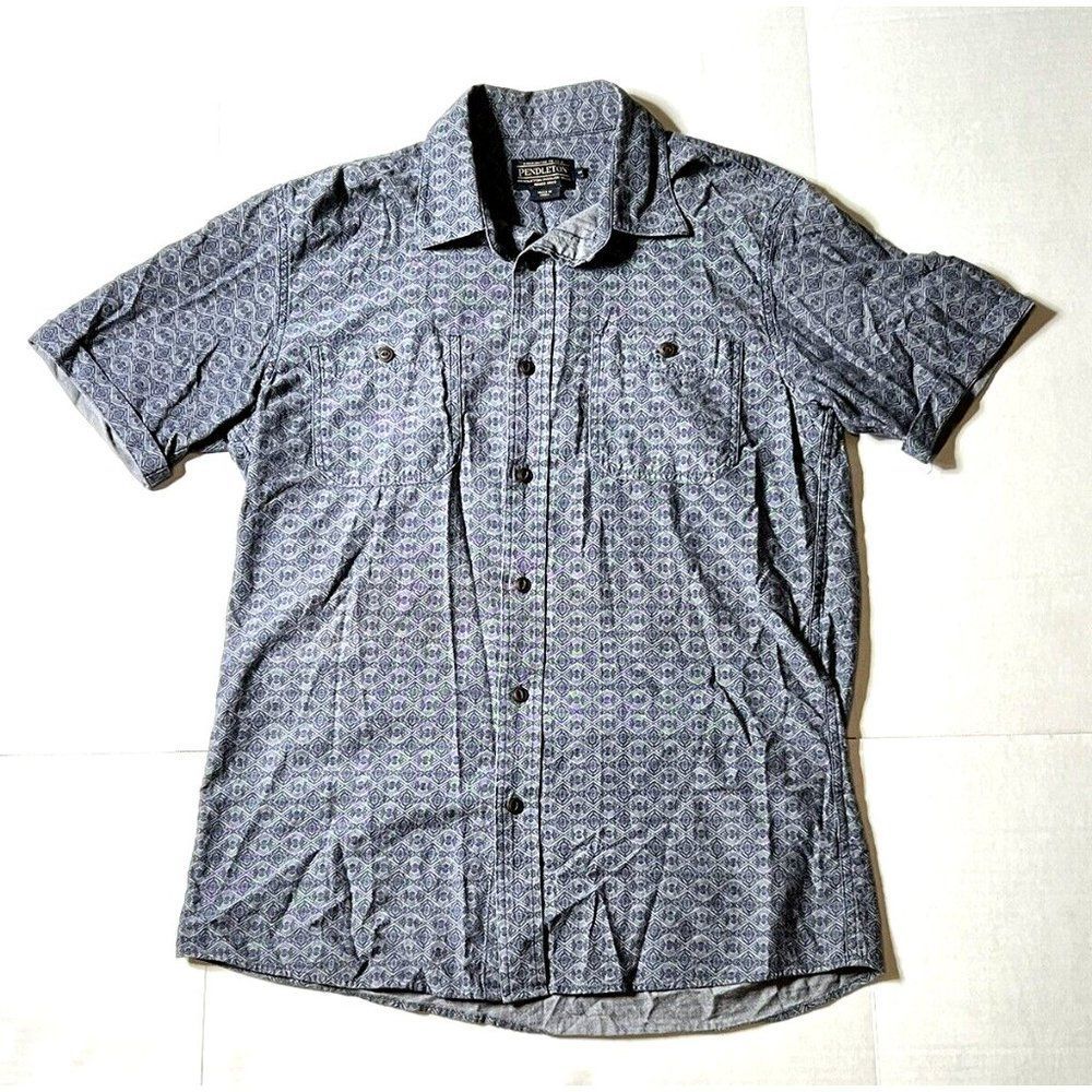 Pendleton Blue Gray Button Down Short Sleeve Shirt Men's Size Medium